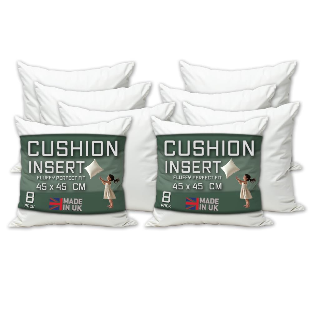 Linen Empire Cushion Inserts 18" x 18" Pack of 8 Cushion Inner Pads (45 x 45 cm) - White Square Bounce Back Decorative Scatter Cushion Stuffers - Sofa Bed Couch Pillows