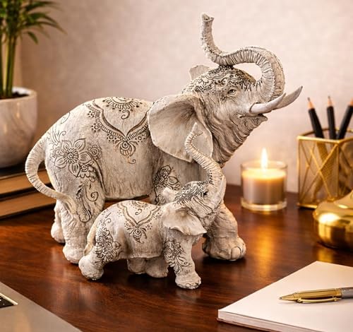 Large 8.25 W Decorative White Elephant and Baby with Tattoo Statue Feng Shui Decoration Religious Figurine Office Desk/Home/Living Room/Table Decor Perfect House Warming Gifts for New Home
