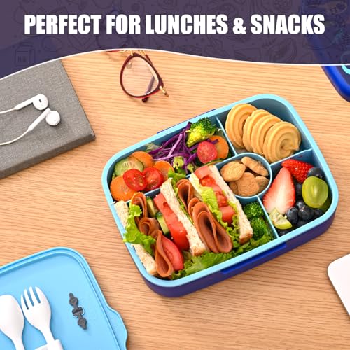 Image of Bento Box for Kids Lunch Box Leak-Proof, Bento Lunch Box with 5 Compartments, Lunch Containers with 3 Silicone Baking Cups, Microwave /Dishwasher Safe (43OZ) (Blue with snack cup)