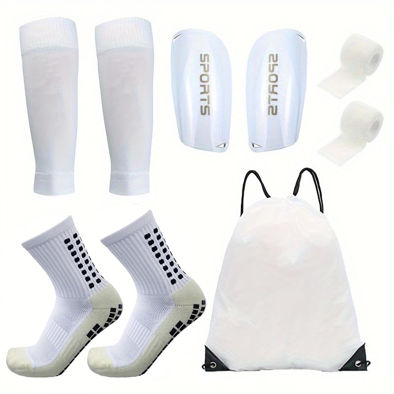 ForgeAgo 7-Piece Football Gear Set - Includes Socks, Leg Covers, Shin Guards, Bandages, and Backpack for Soccer Training and Matches(White5-pieceset)