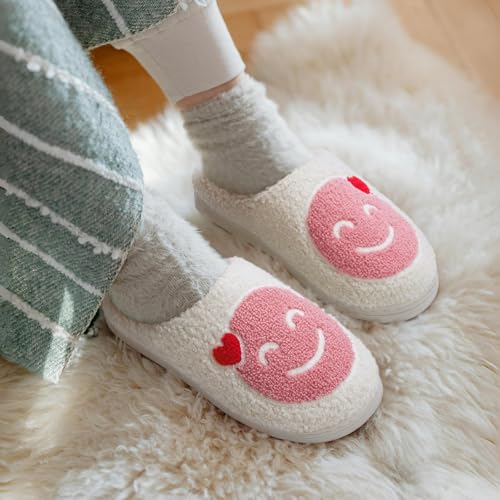 ATHMILE Smiley Face Slippers for Women Men Indoor Cute House Shoes Fuzzy Fluffy Cozy Slippers Happy Face Preppy Comfy for Bedroom Outdoor2