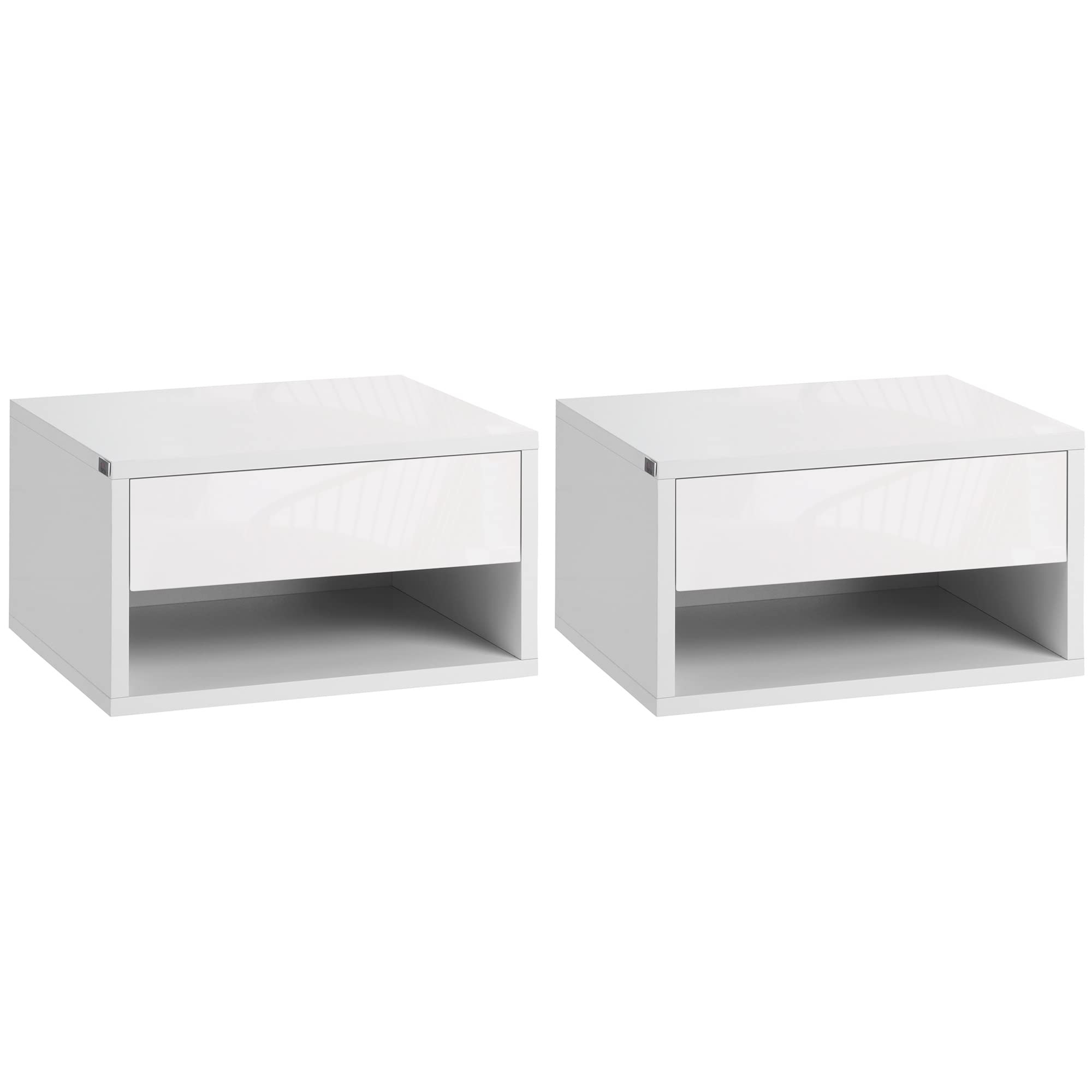 HOMCOM Floating Bedside Tables Set of 2, Wall Mounted Nightstand with Drawer and Open Shelf for Bedroom, High Gloss White