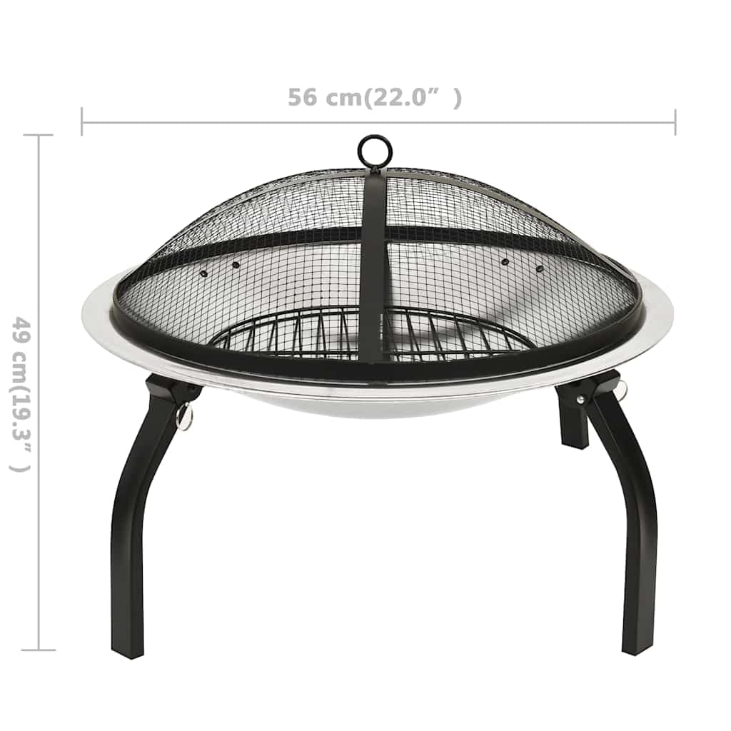 Brasero y parrilla 2 en 1 de acero inoxidable, 56 x 56 x 49 cm, con protección contra chispas, atizador, patas plegables para exteriores, terraza y jardín, calor y llama