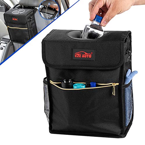 CZC AUTO Car Trash Can/Bin Leakproof Car Garbage Bin with Lid and Storage Pockets, Collapsible/Foldable Auto Trash Bin 2.7 Gallon Hanging Car Waste Bin with Adjustable Strap for Vehicle Organizing