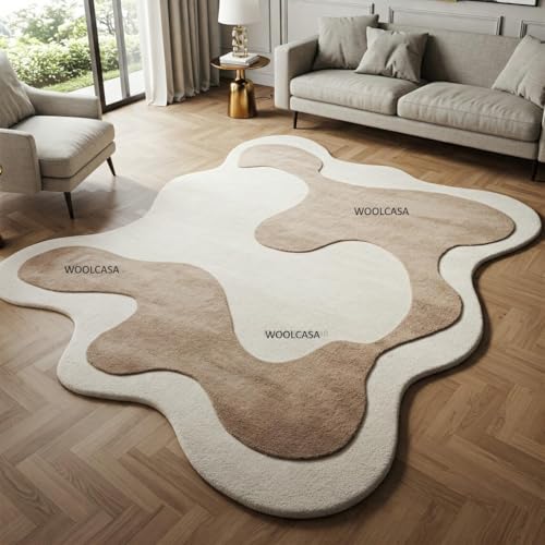 Image of Hand Tufted Wool Rug 6x8 Ft - Modern Irregular Shape Aesthetic Carpet, 1 Inch Thick Pile, Anti-Skid Backing, Soft Handmade Woolen Area Rug for Living Room, Bedroom, Hall Decor