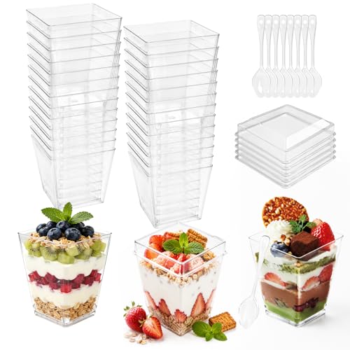 Ouxayapl 50 Pièces Tasses à Dessert avec Couvercle,160ml Verrines Plastique Réutilisables Plastique avec 50 Réutilisables pour Mousse,Tiramisu,Crème...