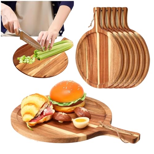 6 Pcs Round Cutting Board with Handle, Pizza Wooden Charcuterie Boards, Acacia Wood Chopping Board, Wood Serving Board for Kitchen, Cheese, Fruit, Bread & Meat (13.6 x 10 x 0.6 Inch)