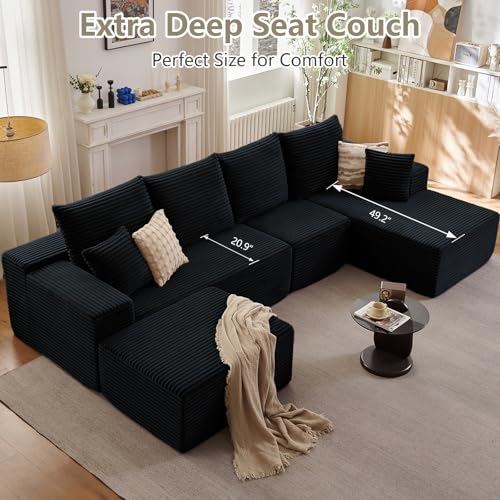 Image of Lakifun 135 inch U-Shape Cloud Couch, Modern Modular Sectional Comfy L-Shape Sofa with Ottoman, Deep Seat, Upholstered Corduroy Sleeper Chaise Longue for Living Room Bedroom, No Assembly Required, Black