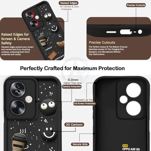Image of Bintage Cute Fun Taddy Cartoon 3D Ball Milk Donut Coffee Cup Silicon Case Full Body & Camera Protection Back Cover Compatible for Oppo A59 5G - Black
