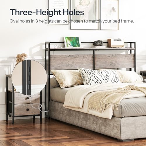 Image of HOOBRO Full Size Headboard, Headboard with 2 Outlets and 4 USB Ports, Adjustable Height, Storage Rack, Sturdy and Stable, Easy Assembly, Greige and Black