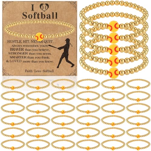 Tondiamo 20 Pcs Softball Bracelet for Women Softball Team Gifts Bulk Sport Pendant Jewelry Gifts Senior Night Party Favors for Team Player Teen Group Ball Lover (Gold Bead)