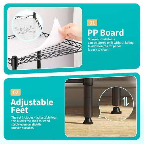 Image of BestOffice | 4-Tier Wire Storage Shelves | 12 inchD x 18 inchW x 44 inchH | Black | with Adjustable Racks PP Liners | Compact Metal Shelf, Holds Upto 600 lbs | Ideal for Kitchens Closets Bathrooms Small Corners