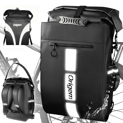 Origem Sacoche de Vélo Imperméable 3 en 1, 32 L Sac à Dos Étanche, Sac de Vélo Porte Bagage Arriere avec Compartiment Ordinateur et Bandes Réfléchissantes, Sac à...