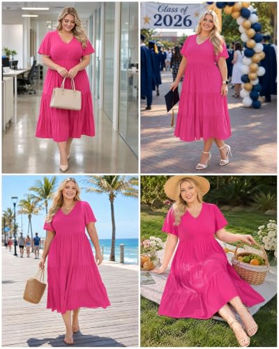 Image of Women's Plus Size Summer Dresses Floral Casual Tiered Midi Dresses V-Neck Short Sleeve Long Maxi Dress with Pockets