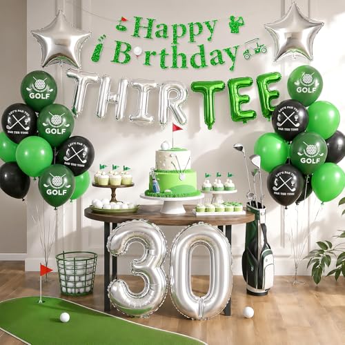 Image of 30th Golf Birthday Decorations for Men 30th Party Decorations for Him | Golf Print Balloons Happy Birthday Banner THIR-TEE Banner 30 Foil Balloons for Men Thirty Birthday Decor