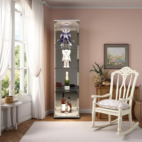 LieABak Vitrina de cristal con LED, vitrina de coleccionista con 4 capas y 1 cerradura de puerta, armario de almacenamiento con base de espejo, vitrina de cristal de pie, para salón, dormitorio
