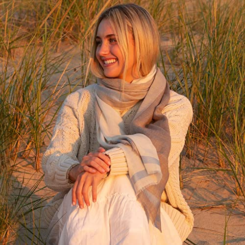 Women's Fashion Graphic Stripe Summer Shawl - Lightweight, Breathable Wool Infinity Scarf, Sand and Blue, 82" x 28'4