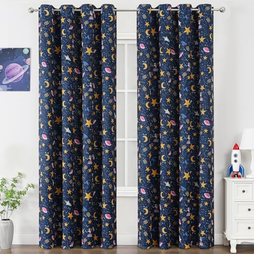 Image of Navy Blue Star Moon Theme Blackout Curtains 84 Inches Long for Boys Bedroom
