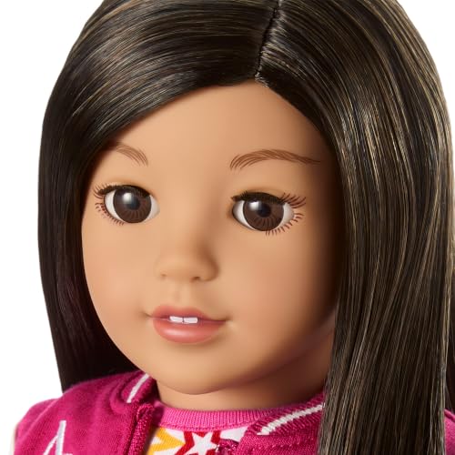 Image of American Girl Truly Me 18-inch Doll #124 with Brown Eyes, Straight Black-Brown Hair, Light-to-Medium Skin + Western Flowers Denim Jumpsuit, with Cowboy Boots, Ages 6+ Bundle
