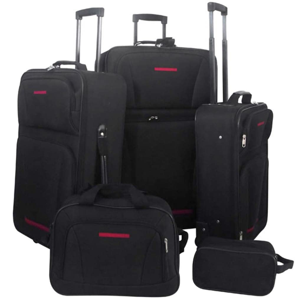 vidaXL Set Valigie da Viaggio 5 Pezzi, Tessuto con Rivestimento in PVC, Nero, Include Trolley S/M/L, Borsa da Viaggio e Beauty Case, Manico Telescopico Estraibile, Accessori da Viaggio