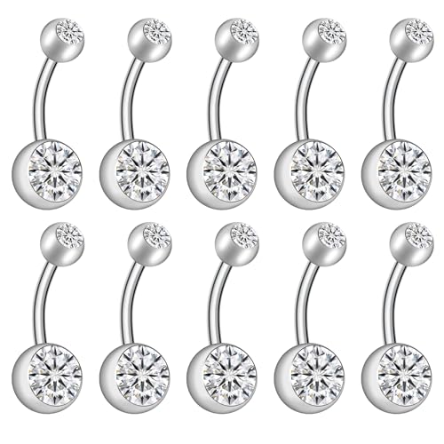 Coolrunner 14G Belly Button Ring Body Jewelry Piercing 10 Pack, Stainless Steel Silver Belly Button Ring for Women