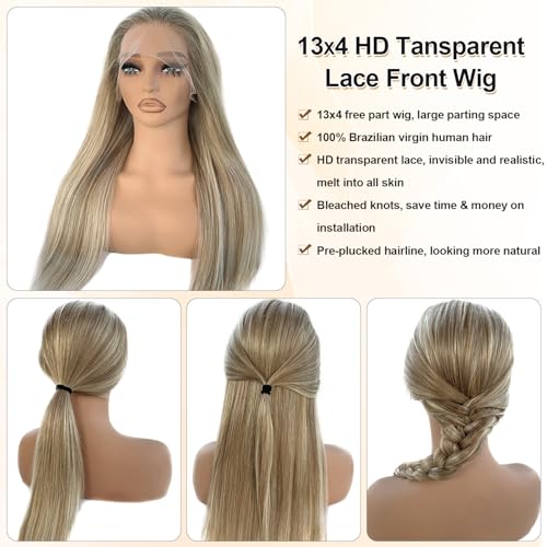 Image of Ombre Ash Blonde Highlight Lace Front Human Hair Wig for White Women, 180% Density 13x4 HD Lace Frontal Pre Plucked Tiny Knots Real Remy Wear and Go Glueless Wigs with Ash Brown Roots 16 Inch