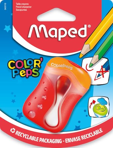 Maped - ergonomischer Anspitzer COLOR'PEPS für 2 Stiftgrößen inkl. Auffangdose - speziell für Buntstifte - für dünne Stifte Ø  8 mm/für dicke Stifte Ø  11 mm