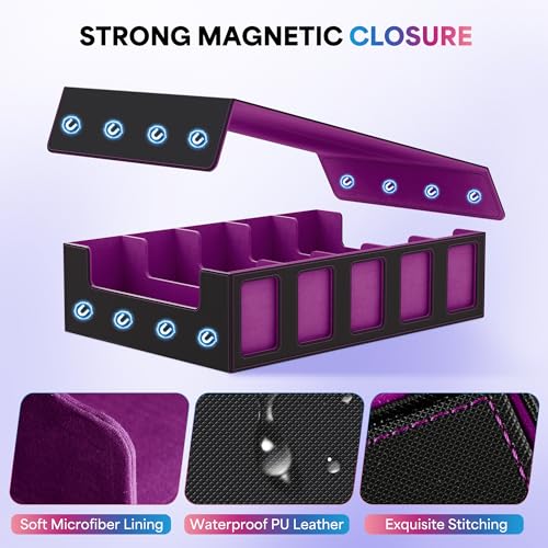 Image of UAONO Trading Card Storage Box with Commander Display;3900+ Card Box for MTG, Removable Cover; 5 Row Case fits MTG TCG Sports Cards 48 Dividers,5 Stoppers,5 Top Loaders,1 Dice Box(Black, Purple)
