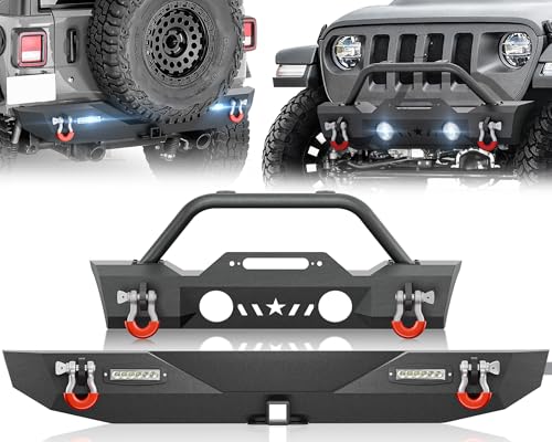 Image of for JL Front and Rear Bumpers Compatible with 2018 2019 2020 2021 2022 2023 2024 2025 2026 Jeep Wrangler JL JLU with Winch Plate, Bull Bar, Fog Lights Holes, LED Lights, Hitch Receiver, D-rings
