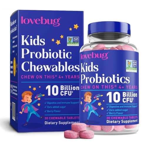 LOVEBUG Probiotics for Kids Probiotic Chewables with Prebiotic Fiber for Age 4+ Daily Childrens Gut Health Constipation Digestive & Immune Support Supplement Sugar-Free Berry Flavor 60 ct