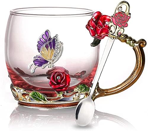 The Artment your artistic apartment Luxurious Crystal Paradise Glass Mug 3D Flower Cups Tea Mug with Matching Spoon || Antique Tea Cups for Drinking Juice, Coffee, Premium Mug, Red, Regular, 210 ml