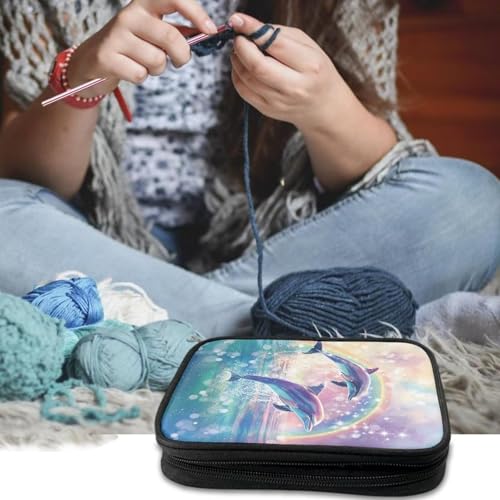 Image of Dolphin Crochet Hook Case Rainbow Knitting Needle Storage with Web Pockets for Holiday Hand Washable Parents Gifts Holiday