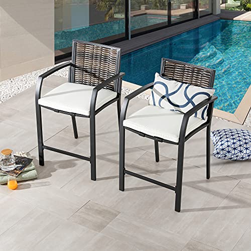 Image of LOKATSE HOME Bar Stools Counter Height Chair Set of 2 Wicker Decoracted Patio Furniture with Armrest for Garden Pool Lawn Backyard, Beige