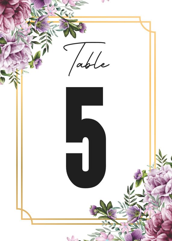 Fashnkart Purple Flower 51 Pieces Wedding Table Numbers Cards 1-50 Double Sided with Head Table 5x7 inch Table Numbers for Wedding Reception/Party/Event