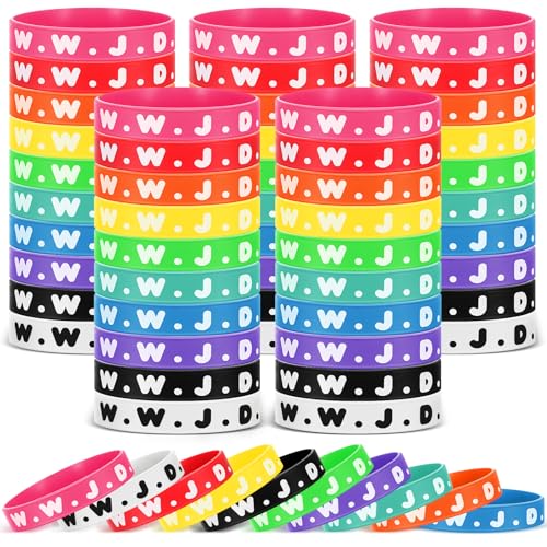 Cunno 100 Pcs WWJD Rubber Bracelets for Kids What Would Jesus Do Bracelets Bulk Religious Colorful Inspirational Christian Wristbands Gifts for Teen Kids Church Events Party Favors