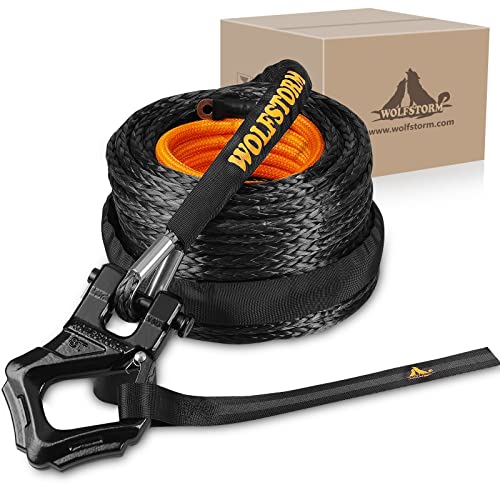 WOLFSTORM Synthetic Winch Rope Cable Kit: 3/8''x100Ft Winch Line Cable w/Protective Sleeve+Heavy Duty Forged Winch Hook+Safety Ribbon|33000 lbs Max Break Strength-Emergency Recovery Accessories