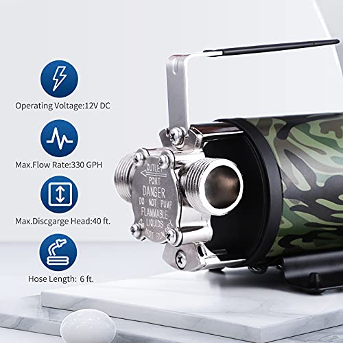 Tigeroar 12V Dc Water Transfer Pump 330 Gph Oil-Free Utility Pump Rain Barrel Pump Pool Pump With 6 Ft. Suction Pump Hose And Replacement Kit For Water Transferring - Camouflage Color #TOP1