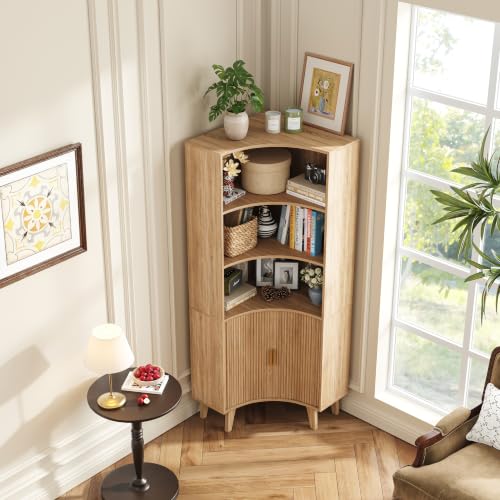 Image of Tall Corner Cabinet with Fluted Doors, 5-Tier Coffee Bar Cabinet with Storage, Narrow Storage Cabinets with Adjustable Shelves, Bathroom Organizers and Storage for Small Space, Natural