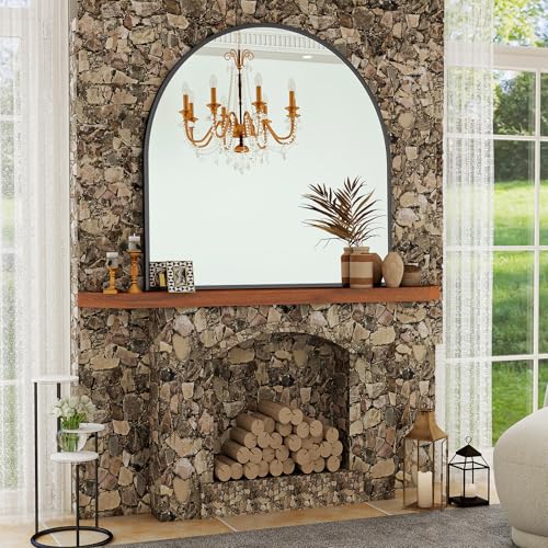 Image of VooBang Wide Arched Wall Mirror, 38 x 40 inch Arch Bathroom Mirror, Wall Mounted Vanity Mirror with Arch Metal Frame, Modern Bathroom Vanity Mirror for Bedroom, Living Room, Hanging or Leaning, Black
