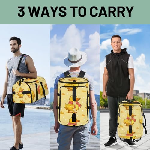 Tactical Sports Duffle Bag for Travel Waterproof Gym Bag with Shoe Compartment 48L Carry On Luggage for Men & Women 3-in-1 Durable Travel Luggage Yellow Ducks 7