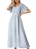 Dokotoo Dresses for Women 2025 Sexy Cap Sleeve Floral Square Neck Smocked Elastic Waist Ruffle Tiered Casual Swing Maxi Dress with Pocket Sky Blue Medium