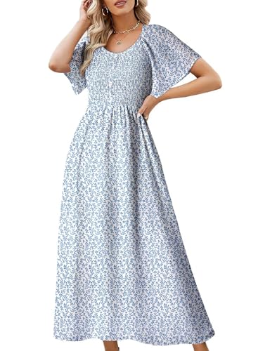 Image of Dokotoo Womens Dresses 2025 Square Neck Tie Backless Summer Dresses Cap Sleeve Floral Buttoned Empire Waist Maxi Dress