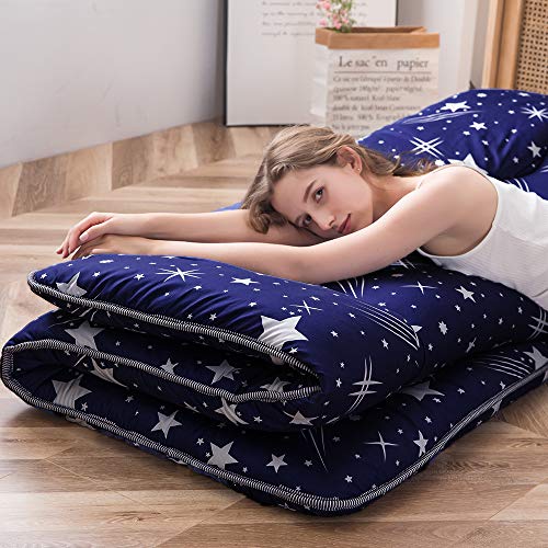 Image of MAXYOYO Navy Starry Sky Japanese Futon Mattress, Tatami Floor Mat, Portable Camping Sleeping Pad, Foldable Roll Up Lounger Full Size with Mattress Protector Cover