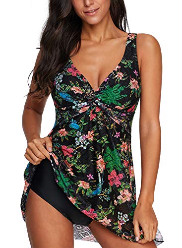 Dokotoo Tankini Maillot de Bain Femme 1 Pièce Sexy Push Up Imprimé Amincissant Col V Swimwear Elegant Jupette de Plage Triangle Chic New (S-XXL) Cover