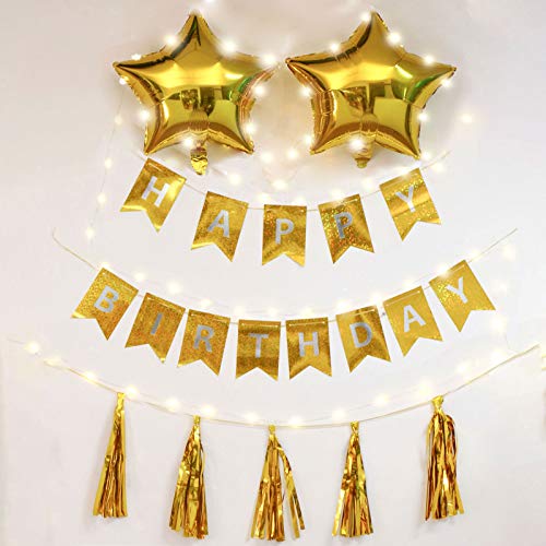 Sunygoog Geburtstagsbanner mit Aufschrift "Happy Birthday", glänzende goldfarbene Flaggen und Luftballons, Geburtstagsdekoration, Dekoration mit Stimmungslichtern Cover