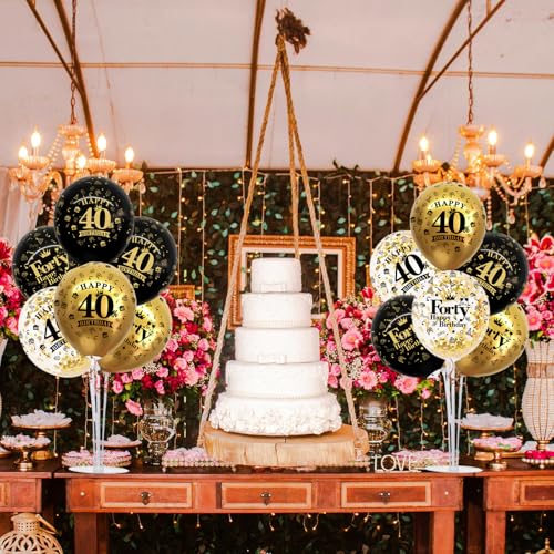 Image of TONIFUL 4 Set Black Gold 40 Printed Balloon Stands for 40th Birthday Decor