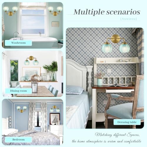 Image of Gold Wall Sconce Set of 2 Vintage Bathroom Vanity Light Blue Glass Shade Globe Wall Sconces Mid Century Wall Light Art Deco Bathroom Lights Over Mirror for Bedroom Hallway Living Room