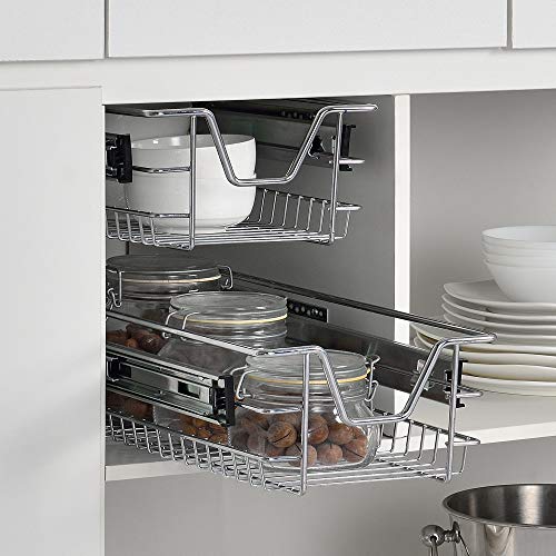 [en.casa] 2 x Cesto Extraíble para Armario de Cocina o Baño 37 x 44 x 14 cm Con Rieles Telescópicos Cajón para Almacenar Set de Bandejas de armario Color plata