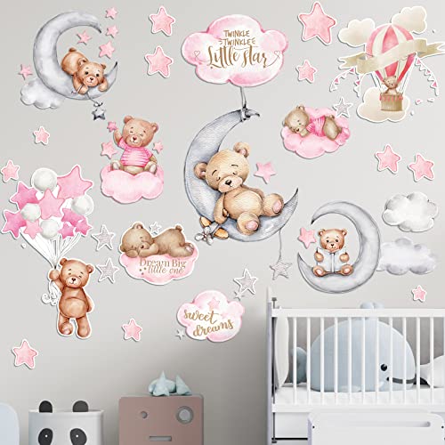 Yinder Pink Bear Wall Decals (12 Sheets, 78 Pcs) - Highland Cow, Clouds, Balloon Decor for Kids Nursery Room, Bedroom, Living Room, Classroom Decor