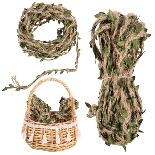 DOPENSPI 66 Feet Natural Jute Twine Ribbon with Artificial Vine Green Leaves, Burlap Leaf Ribbon Hemprope Jungle Vines Twine for Crafts Jungle Safari Party Baby Shower Wedding Home Decor Decoration